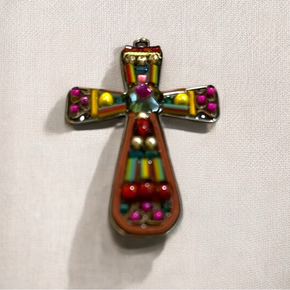 VINTAGE AYALA BAR CROSS BEADED PENDANT MULTICOLORED - Picture 1 of 10